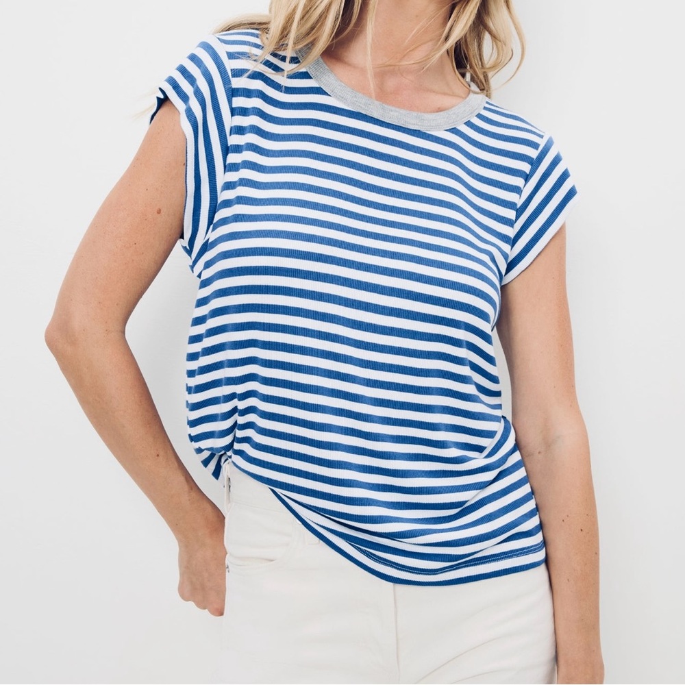 Michael Stars Women’s Striped Power Shoulder Tee Blue and White Linen Size M